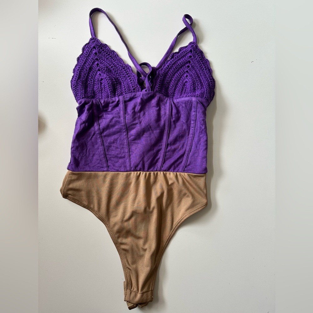 NWT JLUXLABEL Purple Crochet Tan Woven Textured Bodysuit Top Size S Small
